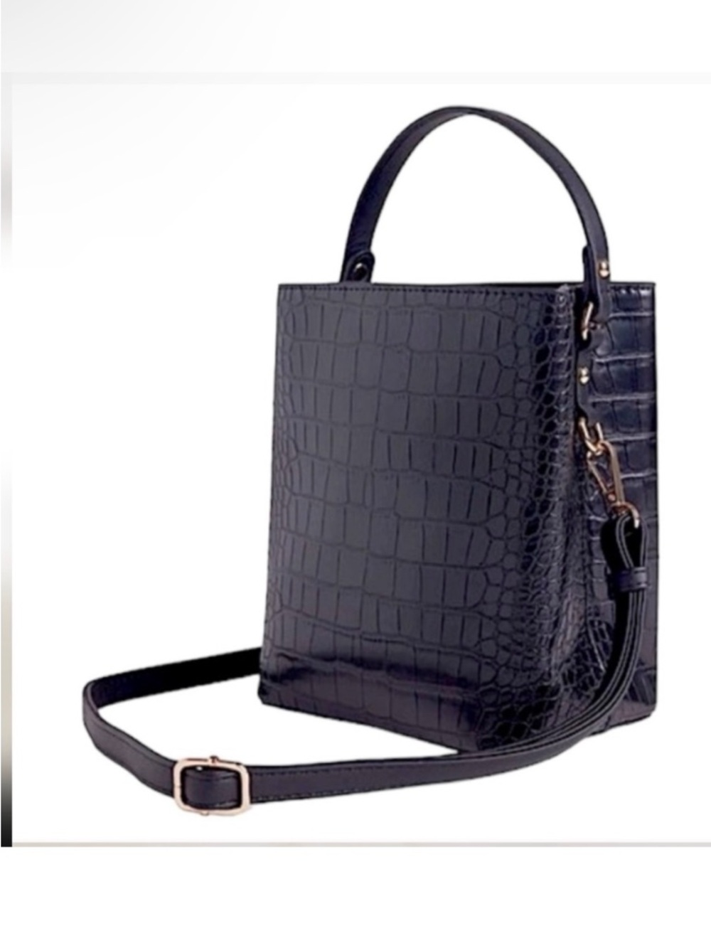AOTA Elena Vegan Black Faux Croc Embossed Bucket Crossbody Bag - Picture 7 of 15